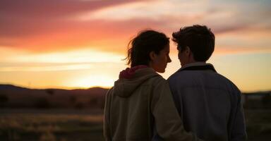 lgbtq casal assistindo pôr do sol, esperançoso olhar. foto