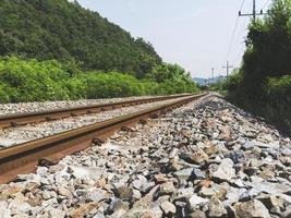 trilhos de trem na floresta. Coreia do Sul foto