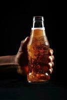 uma masculino mão segurando acima uma garrafa do Cerveja isolado em uma Preto fundo. ai gerado foto