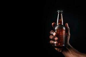 uma masculino mão segurando acima uma garrafa do Cerveja isolado em uma Preto fundo com cópia de espaço. ai gerado foto