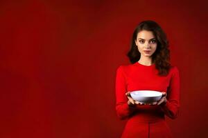 jovem lindo à moda mulher segurando a esvaziar prato ou prato isolado em vermelho fundo com cópia de espaço. ai gerado foto