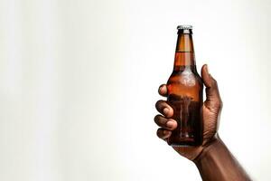 uma masculino mão segurando acima uma garrafa do Cerveja isolado em uma branco fundo com cópia de espaço. ai gerado foto