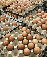 a pilha do ovos dentro Castanho cesta em exibição para venda dentro supermercados ou mercados. foto
