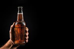 uma masculino mão segurando acima uma garrafa do Cerveja isolado em uma Preto fundo com cópia de espaço. ai gerado foto