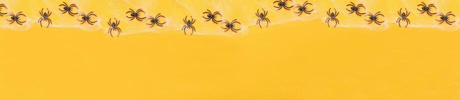 esqueletos com abóbora, teia de aranha e aranhas pretas em fundo laranja. conceito de halloween foto