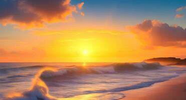 panorama lindo de praia e ondas e romântico pôr do sol. ai gerado foto