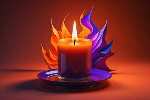 queimando aroma vela em de madeira mesa contra sólido cor fundo, copyspace. ai generativo foto