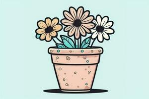 ilustração do uma vaso de flores com Rosa e azul flores em uma cinzento fundo. ai generativo foto