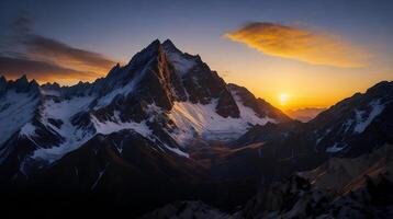 lindo pôr do sol dentro a montanhas. panorama do a montanhas ai generativo foto