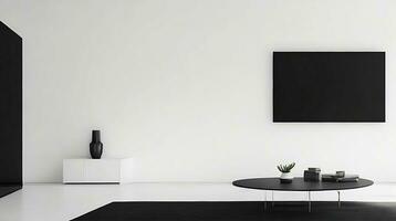 minimalista vivo quarto interior com branco paredes, concreto chão, Preto sofá e volta café mesa. 3d Renderização zombar acima ai generativo foto