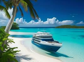 tropical de praia dentro Maldivas com Palma árvores e barco 3d render ai generativo