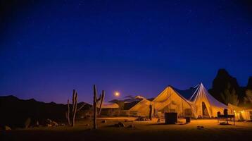 acampamento dentro a montanhas às pôr do sol. ai generativo