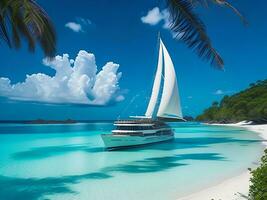 tropical de praia dentro Maldivas com Palma árvores e barco 3d render ai generativo