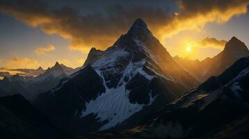 lindo pôr do sol dentro a montanhas. panorama do a Cáucaso montanhas. ai generativo foto