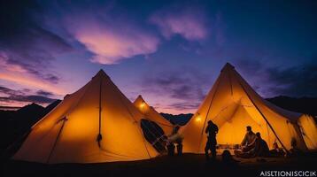 acampamento dentro a montanhas às pôr do sol. ai generativo