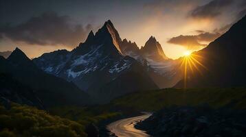 lindo pôr do sol dentro a montanhas. panorama do a Cáucaso montanhas. ai generativo foto