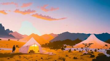 acampamento dentro a montanhas às pôr do sol. ai generativo