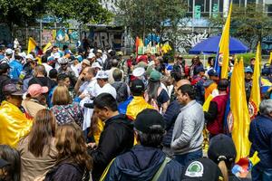 bogotá, Colômbia, 16 agosto 2023. marcha Perguntando para gustavo petro impeachment. pacífico protesto marcha dentro Bogotá Colômbia contra a governo do gustavo petro chamado la marcha de la prefeito. foto