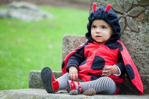 pequeno bebê menina vestindo uma joaninha fantasia. dia das Bruxas conceito. foto