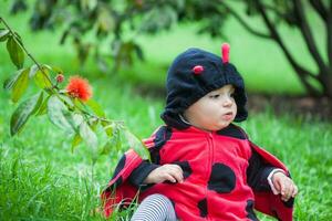 pequeno bebê menina vestindo uma joaninha fantasia. dia das Bruxas conceito. foto