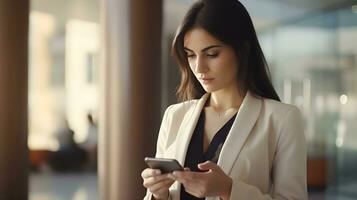 empresária usando Smartphone. profissional o negócio mulher usando Móvel telefone para negócios. executivo mulher trabalhando com Móvel telefone. empresária produtivo de usando dela Smartphone. ai generativo. foto