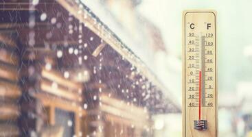 termômetro exibindo 5 graus Celsius ou 40. fahrenheit, dentro a fundo casa e chuvoso clima foto