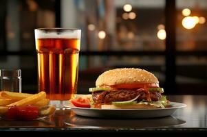 uma hamburguer em prato com Cola beber foto