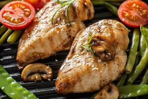 fechar-se do saudável casa cozinhou comida, grelhado frango dentro uma frigideira com verde vegetal, cogumelos e tomates foto