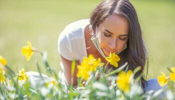 lindo fêmea com face máscaras sobre dela orelhas ainda puxado abaixo dela boca, cheirando narcisos em uma verde Prado foto