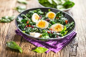 espinafre salada. fresco espinafre salada com ovos Pimenta Pimenta e doce cranberries. foto