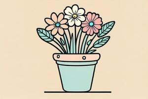 ilustração do uma vaso de flores com Rosa e azul flores em uma cinzento fundo. ai generativo foto