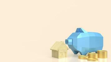 a azul porquinho banco e ouro moeda para casa salvando conceito 3d Renderização foto