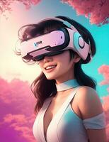 mulher tendo Diversão dentro virtual realidade, vr óculos foto