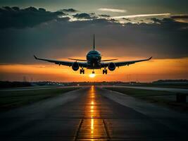 avião leva fora às pôr do sol, pista dentro a tarde confusão, aviação ilustração, viagem romântico. foto