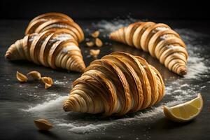 recentemente cozido croissants em uma de madeira mesa, fechar acima. ai generativo foto