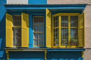 colorida janelas do uma típica casa dentro a cidade, ai generativo foto