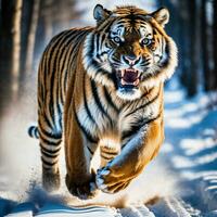 foto do grande tigre corrida dentro a floresta, generativo ai
