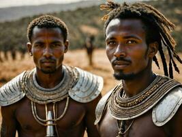 foto do africano homem tribal guerreiros com armaduras, generativo ai