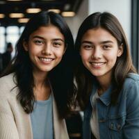 casal do feliz jovem Adolescência às a trabalhando escritório espaço, generativo ai foto