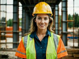 foto do mulher Como uma construção trabalhador com capacete, generativo ai