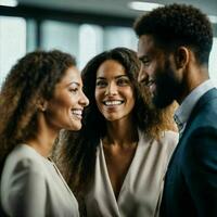 grupo do feliz trabalhando pessoas às a escritório, generativo ai foto