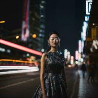 foto do ásia mulher às rua noite com luz, generativo ai