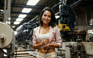 foto do trabalhando empreendedor mulher às fábrica com máquina e trabalhador, generativo ai