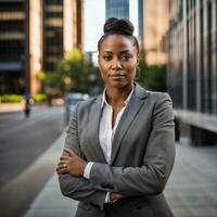 foto do inteligente africano mulher com Preto o negócio terno às grande moderno cidade, generativo ai