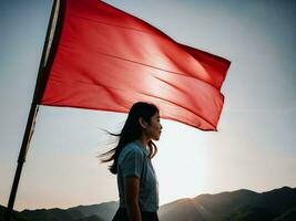 foto do jovem ásia mulher com vermelho bandeira acenando dentro a vento, generativo ai