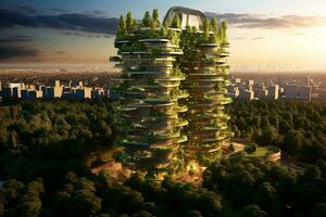 sustentável verde construção dentro moderno cidade. verde arquitetura. ecológico prédio. sustentável construção com vertical jardim reduzir co2. futurista prédio. internet zero emissões. generativo ai. foto