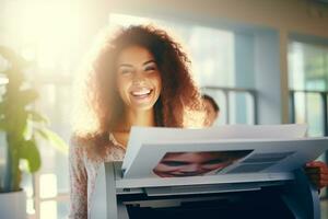 escritório trabalhador impressões papel em multifuncional laser impressora. documento e papelada conceito. secretário trabalhar. sorridente mulher trabalhando dentro o negócio escritório. cópia de, imprimir, Varredura, e fax máquina. generativo ai. foto