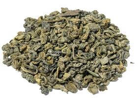 torcido seco verde chá folhas, saudável bebida. topo Visão foto