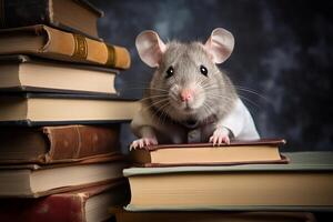 a cinzento rato é sentado com livros. ai generativo foto