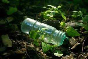 uma plástico garrafa é deitado em a terra dentro a floresta. ai generativo foto